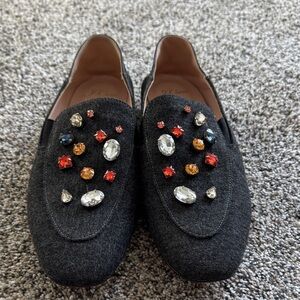 J. Crew Dark Gray Embellished Wool Loafers with Multicolored Gem Accents